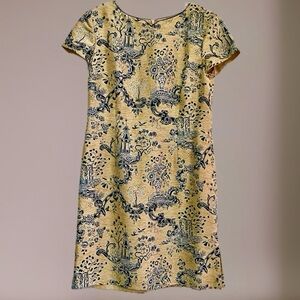 Talbots 100 % Silk Sheath Dress Asian Print Tan/Black Size 12